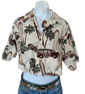Hawaiian Shirt Button Down Crop Top One Size Boxy Woody Surf Board Unique